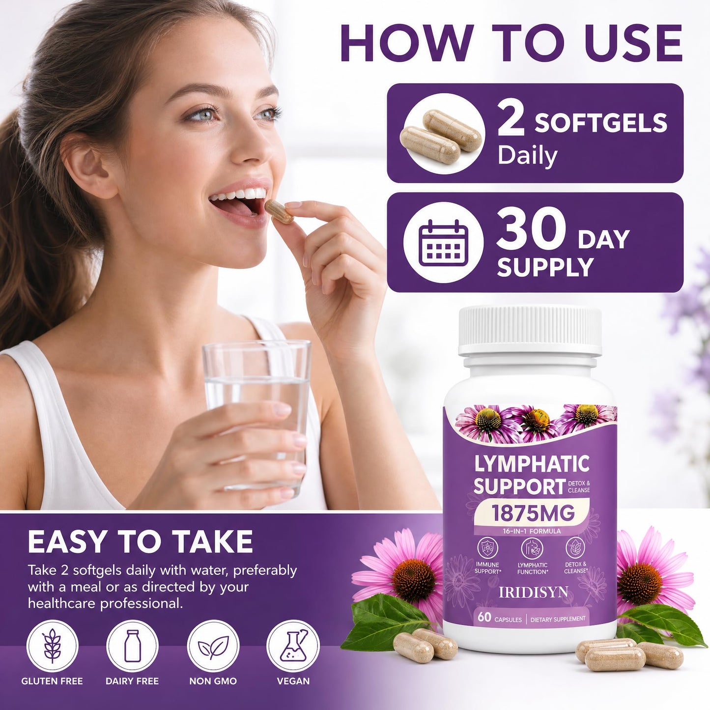 IRIDISYN Lymphatic Drainage Supplement 1875 mg, Lymph Detox Cleanse & Immune Support, Lymphatic System Support Supplement with Echinacea, Elderberry, and Calendula, 60 Capsules