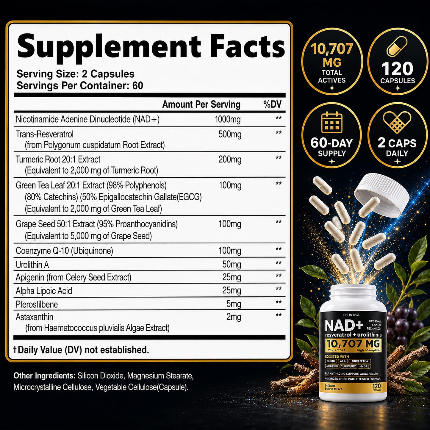 FOUNTIVA Liposomal NAD Supplement 10,707mg Extra Strength NMN Alternative + Green Tea for Women & Men with Urolithin A, Resveratrol, CoQ10, Alpha Lipoic Acid Capsule, 120 Count