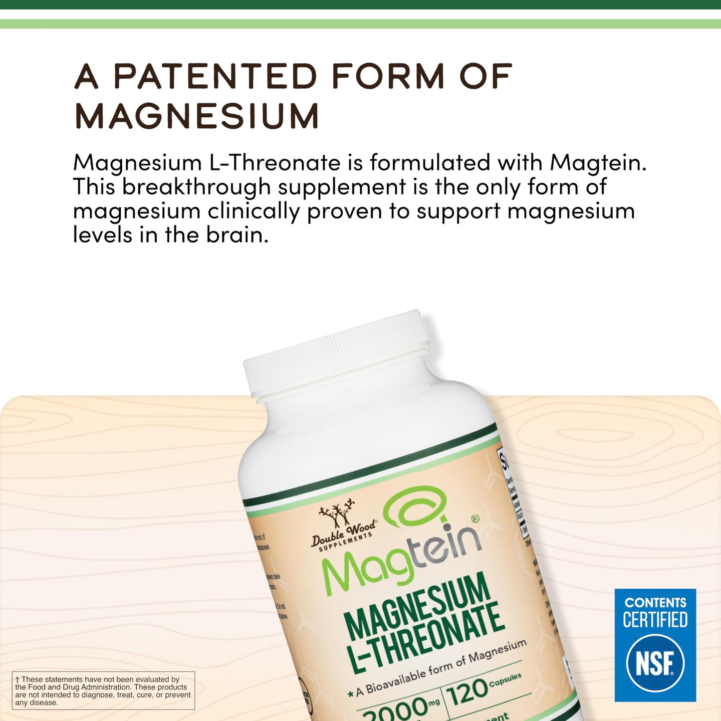 Double Wood Supplements Magnesium L Threonate Magtein Capsules, 120 Count