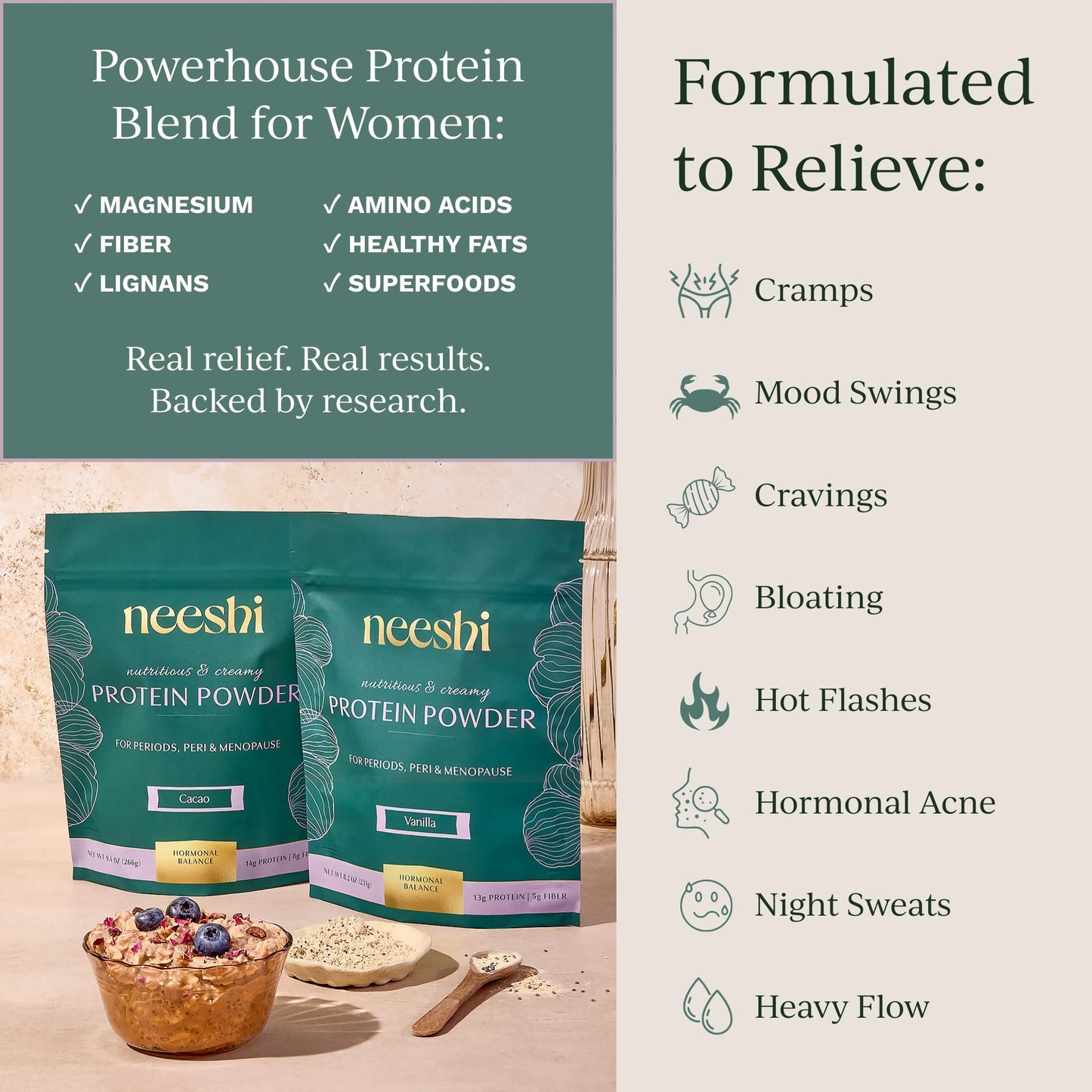 NEESHI Hormone Balance Protein Powder, Cacao Peanut Butter, 9.4