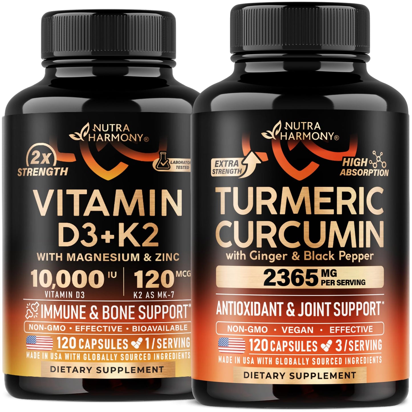 NUTRAHARMONY Vitamin D3 K2 & Turmeric Curcumin 240 Capsules