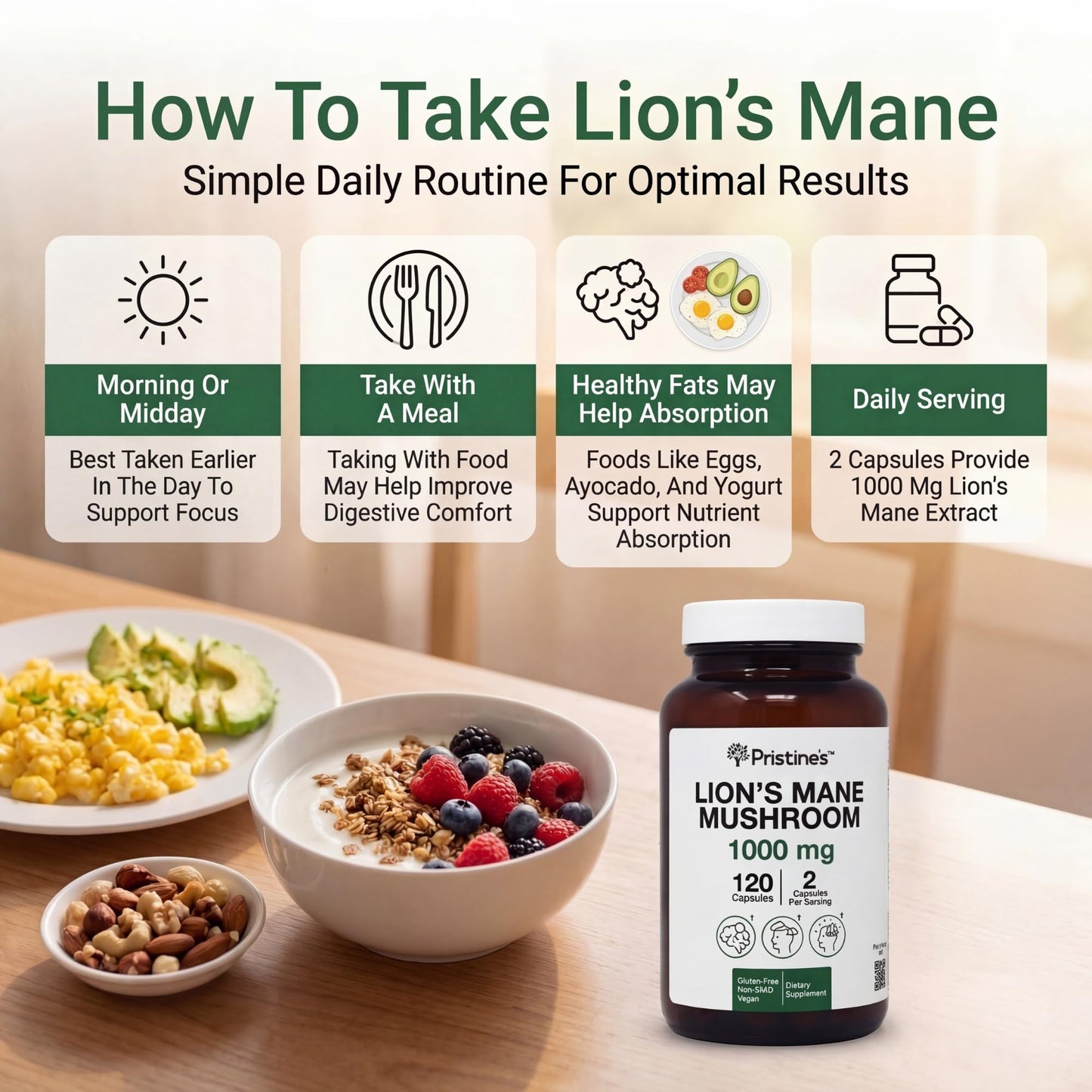 PRISTINE'S Lion's Mane Mushroom Supplement Capsules 120 Count