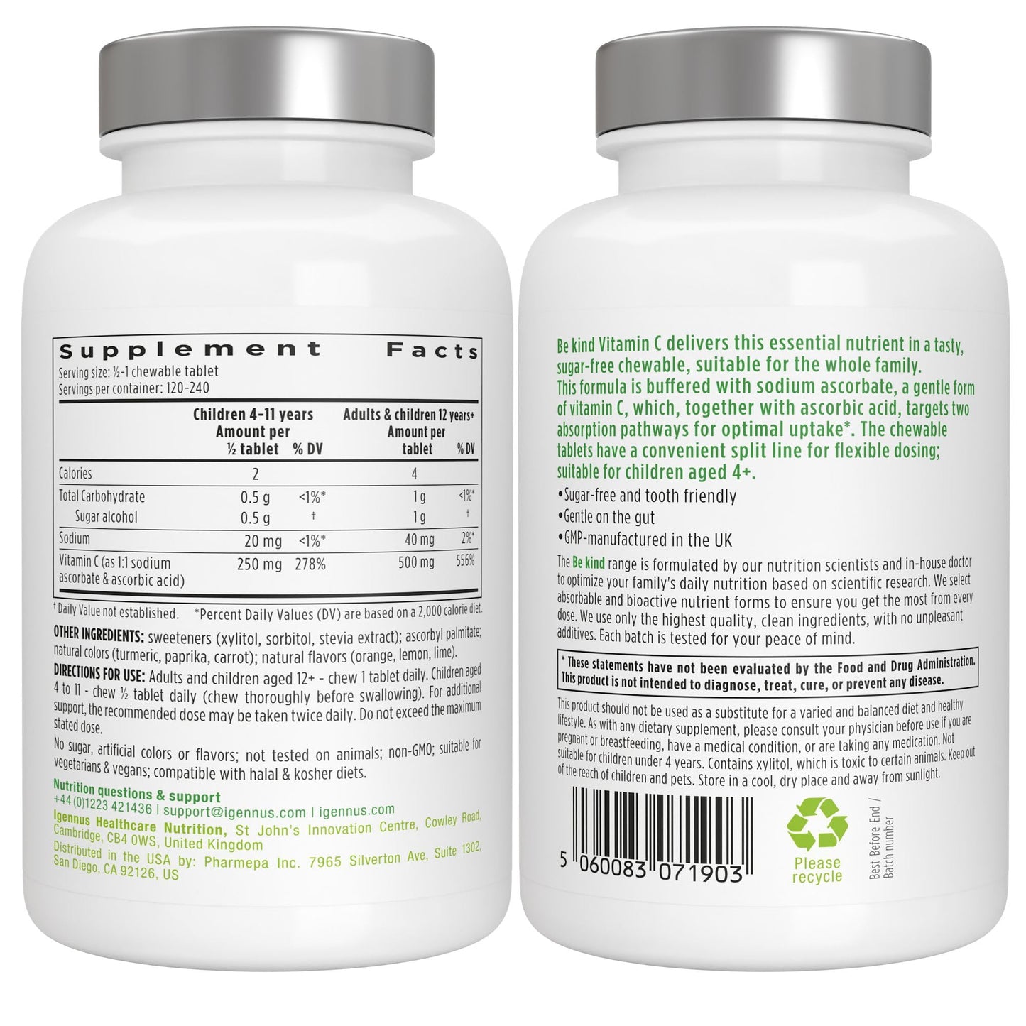 Igennus Healthcare Nutrition Vitamin C Chewable 250-500mg Gentle & Buffered for Kids & Adults, 120 Count