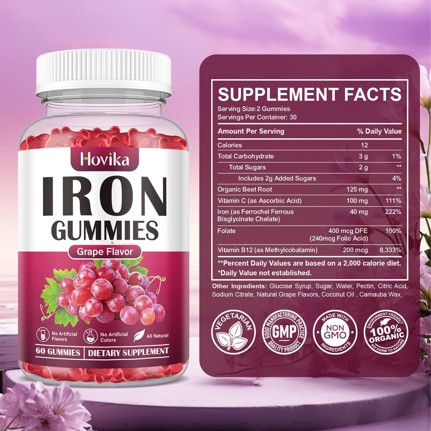 Hovika Iron Gummies Supplement for Women & Men, 60 Gummies