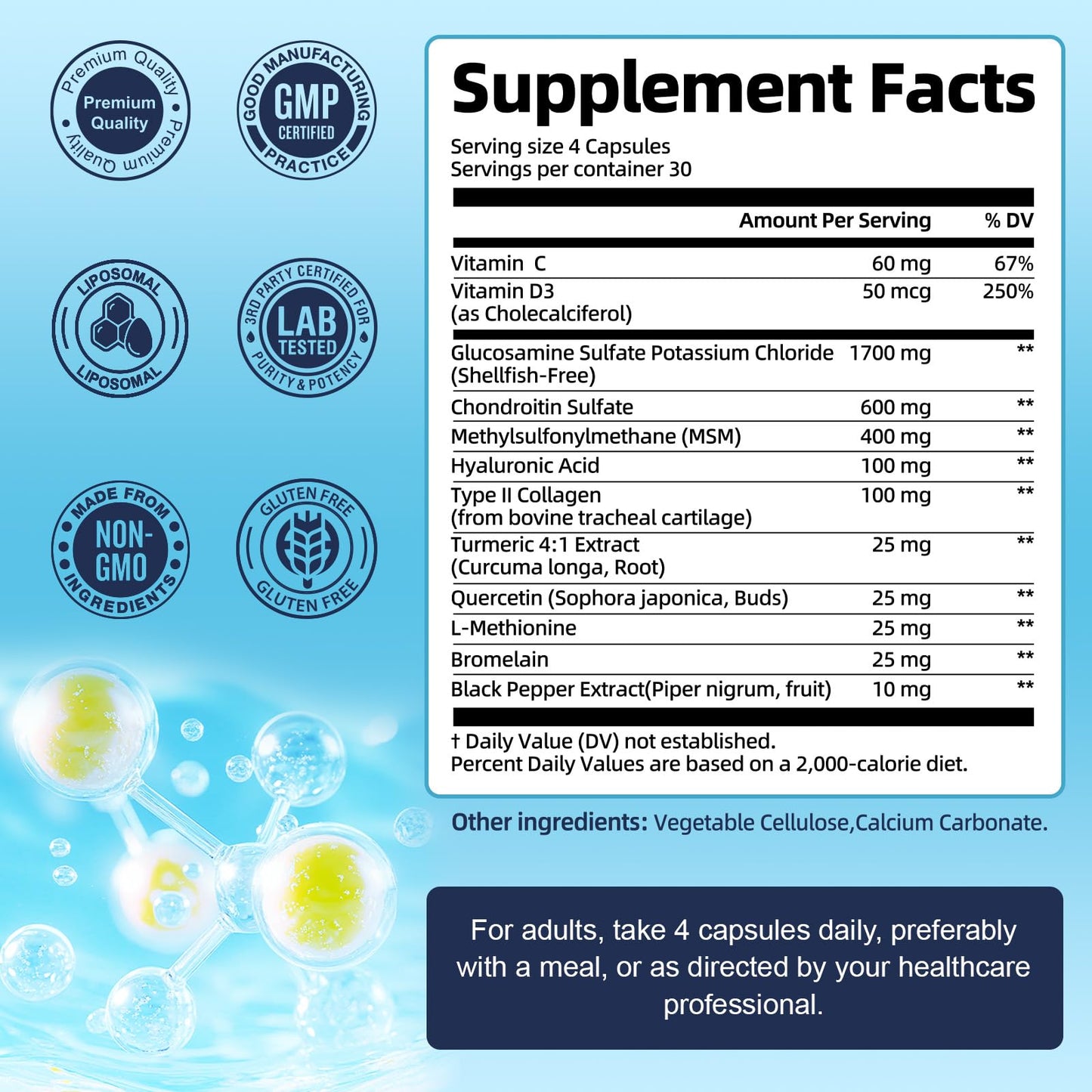 Totaria Liposomal Glucosamine Chondroitin MSM Collagen Joint Support Supplement, 120 Capsules