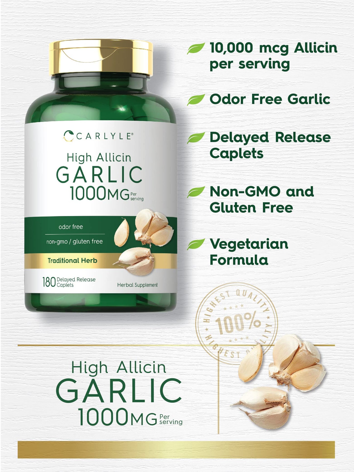 Carlyle Garlic Supplement 1000mg Caplets, 180 Count