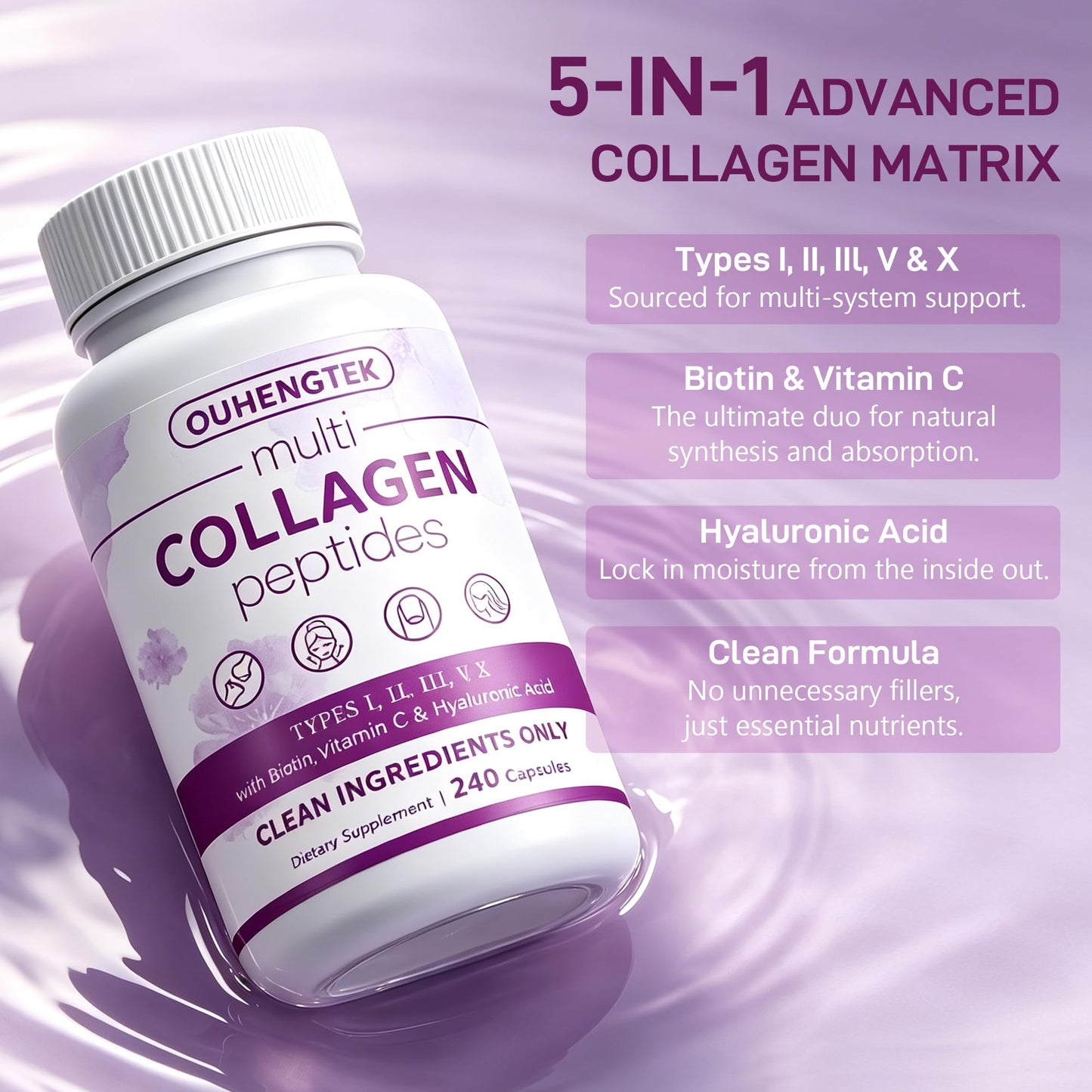 OUHENGTEK Hydrolyzed Collagen Peptides Capsules – Multi Collagen Types I, II, III, V, X with Biotin, Hyaluronic Acid & Vitamin C – Non-GMO, 240 Count