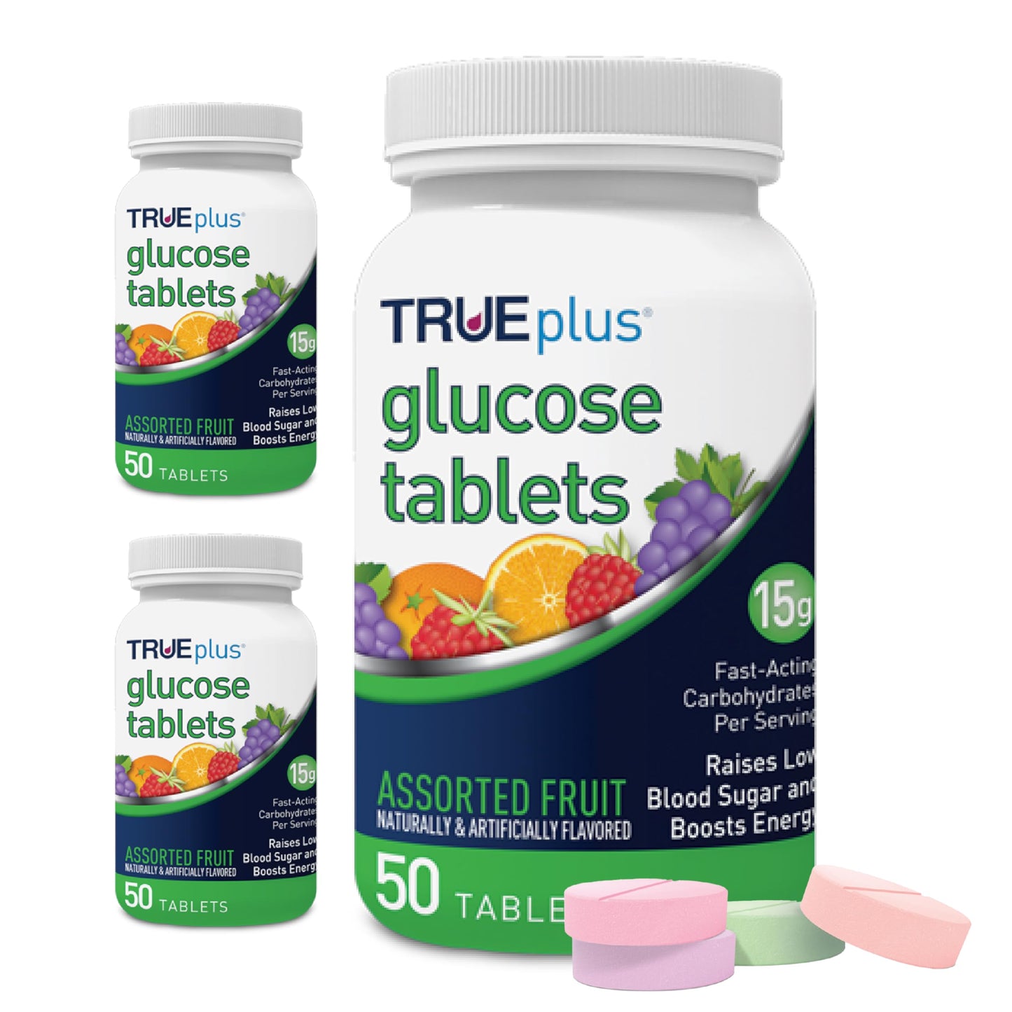 TRUEplus Glucose Tablets, Grape, Raspberry, Orange Flavors, 150 Tablets