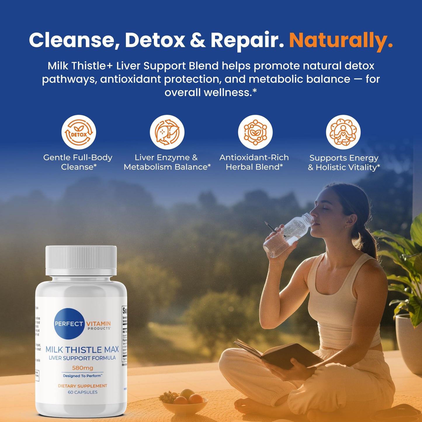 Perfect Vitamin Products Milk Thistle Max Liver Support 580mg Capsules with Dandelion, Turmeric, Beet & Black Pepper - 120 Count