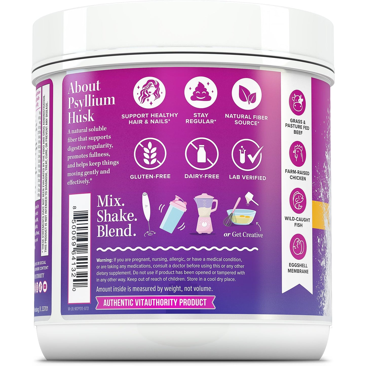 Vitauthority Multi Collagen Protein Powder + Fiber Supplement with Collagen Types I, II, III, V & X, Hair, Skin, Nail, & Digestive Support, Vitamin C & Hyaluronic Acid, Unflavored Powder, 16