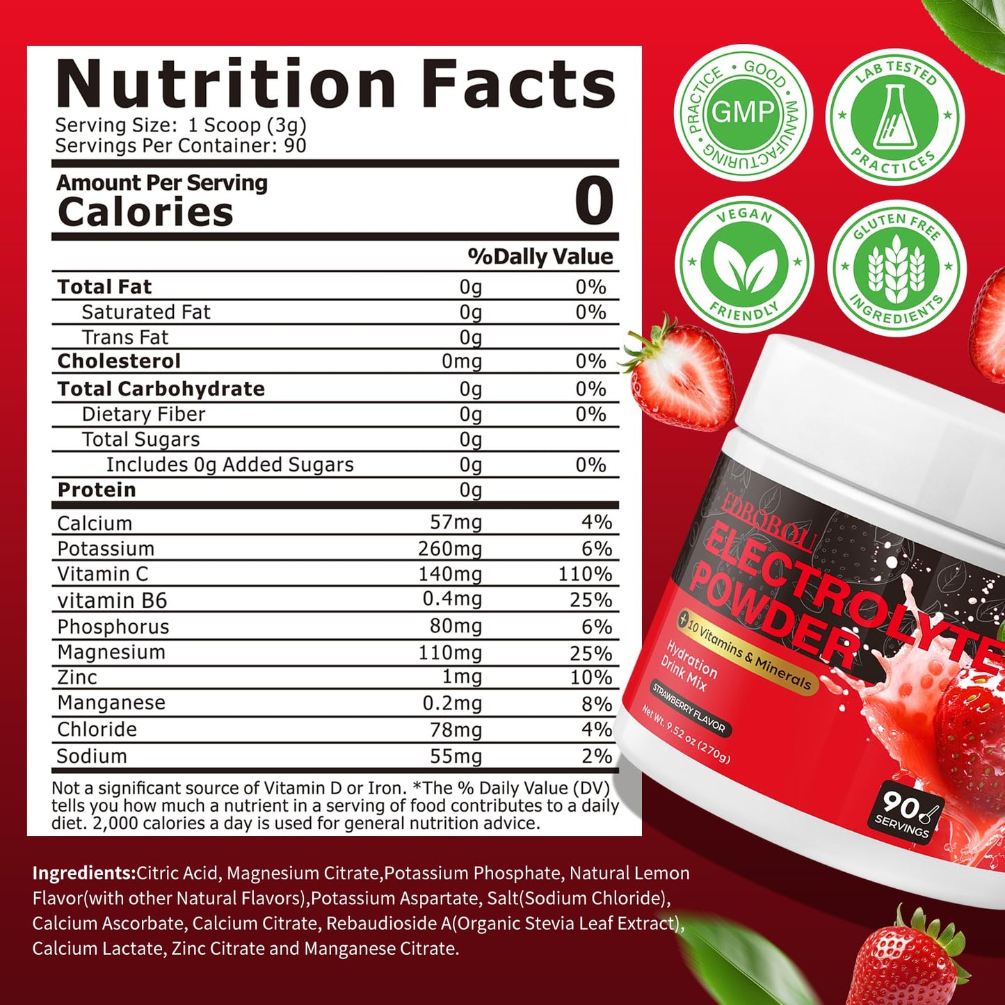EDBOBOU Strawberry Sugar-Free Electrolyte Powder 9.52 Ounce