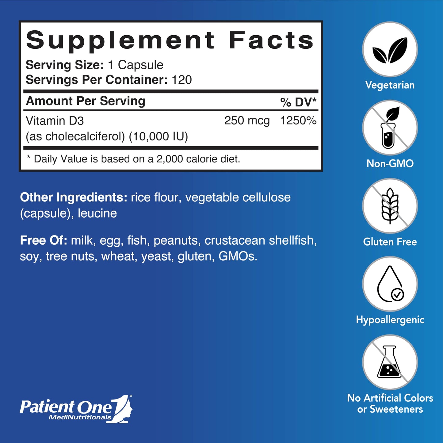 Patient One Vitamin D3 10,000 IU Capsule, 120 Capsules
