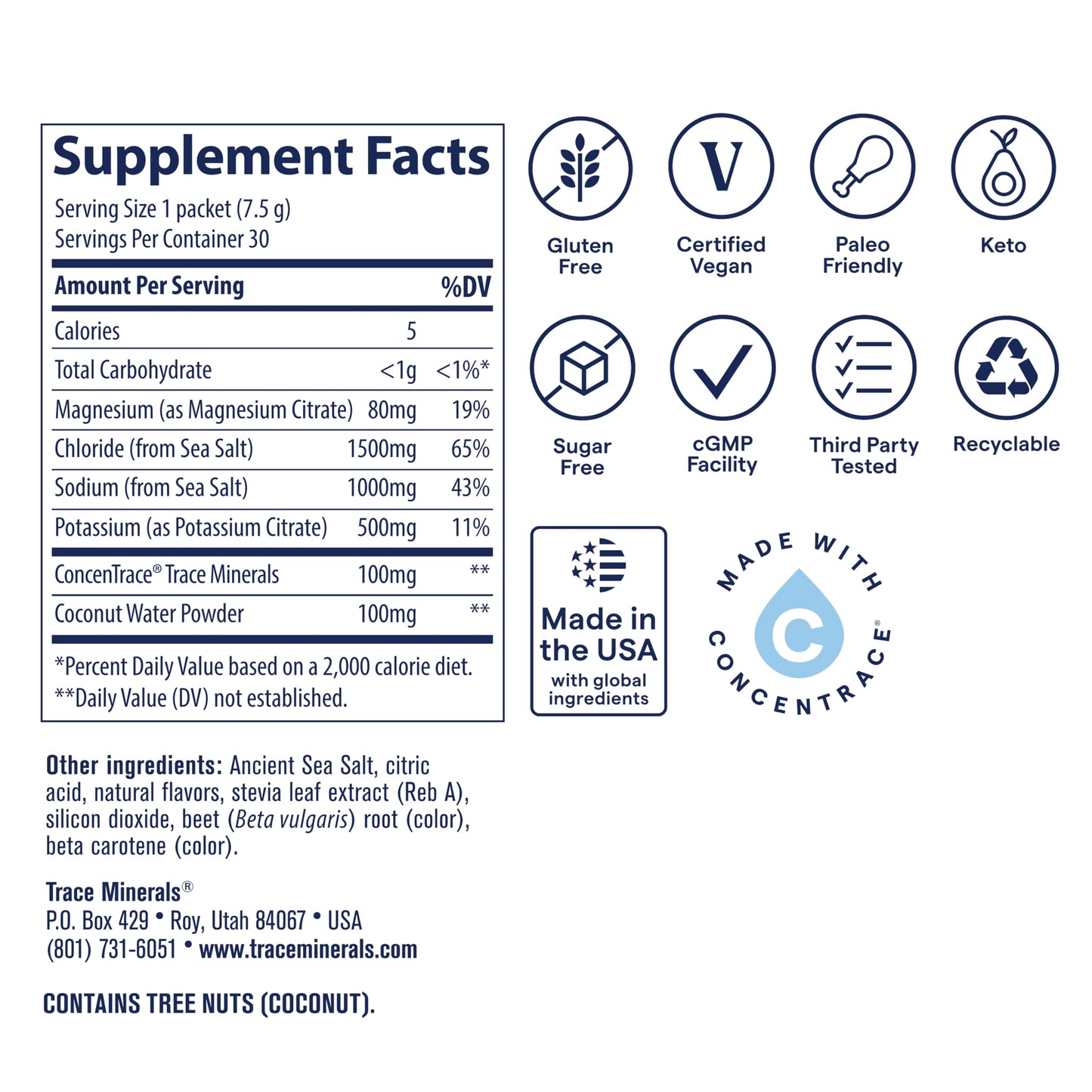 Trace Minerals ZeroLyte Electrolytes & Coconut Water - Zero Sugar - Salty Tropical Flavor, Powder, 30 Count