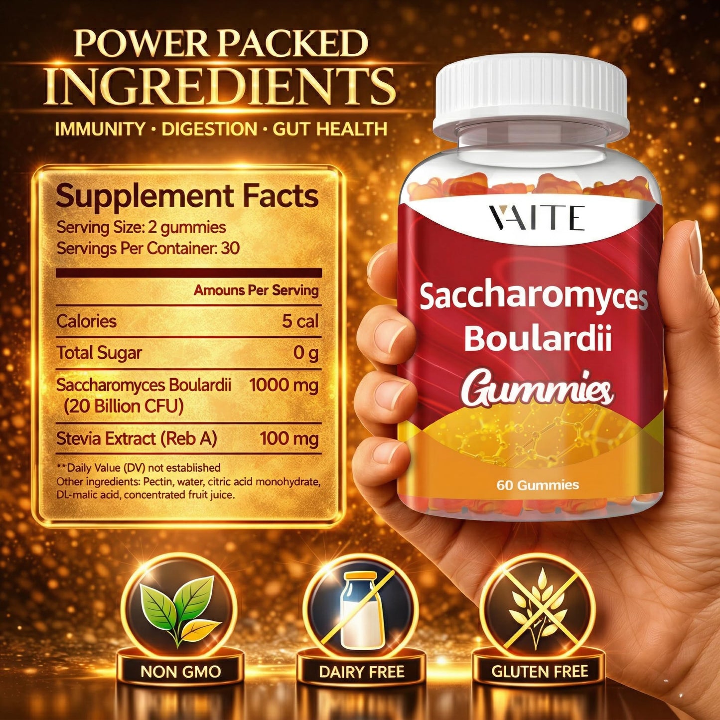 VAITE Saccharomyces boulardii Probiotics 500mg Gummies, 60 Count