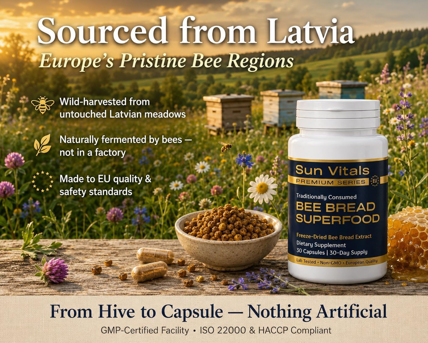 Sun Vitals Premium Bee Superfood Bee Bread Extract with Natural Vitamin C 30 Capsules