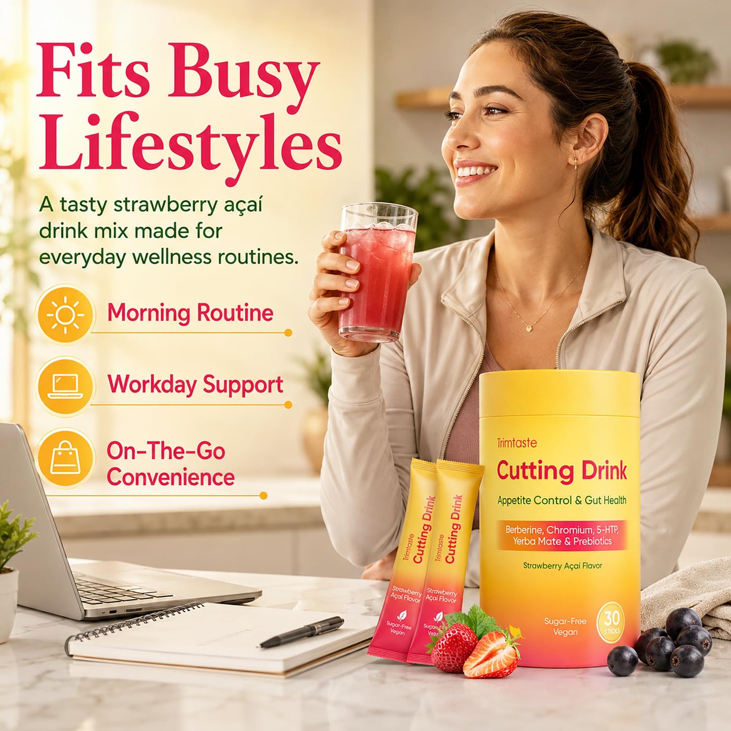 Peehss Kuranatural Cutting Mix for Gut Health Support Prebiotic Formula with Yerba Mate Supports Satiety, Energy & Metabolism Sugar Free, Vegan, Strawberry açaí Drink Powder, 1