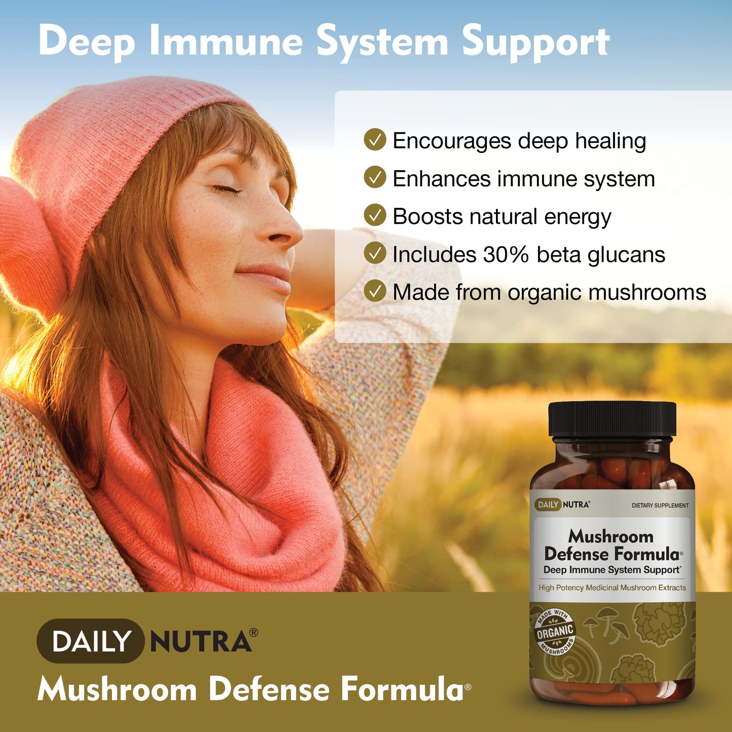 DailyNutra Mushroom Defense Formula Immune Support Supplement with Organic Mushrooms, Hot Water Extracted - Reishi, Chaga, Maitake, Shiitake & Turkey Tail 90 Capsules