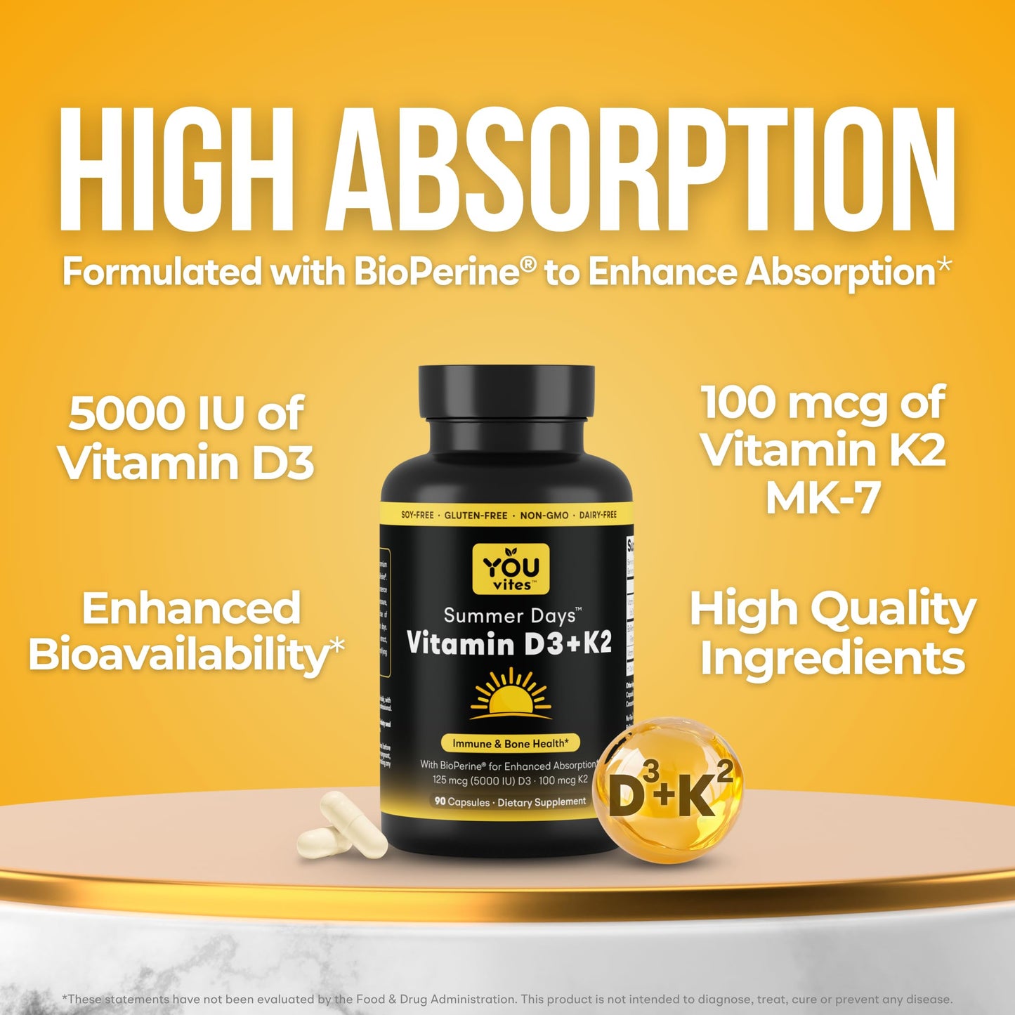 You Vites Vitamin D3 + K2 Max Absorption 5000 IU D3 & 100 mcg K2 MK-7 with BioPerine, 90 Capsules