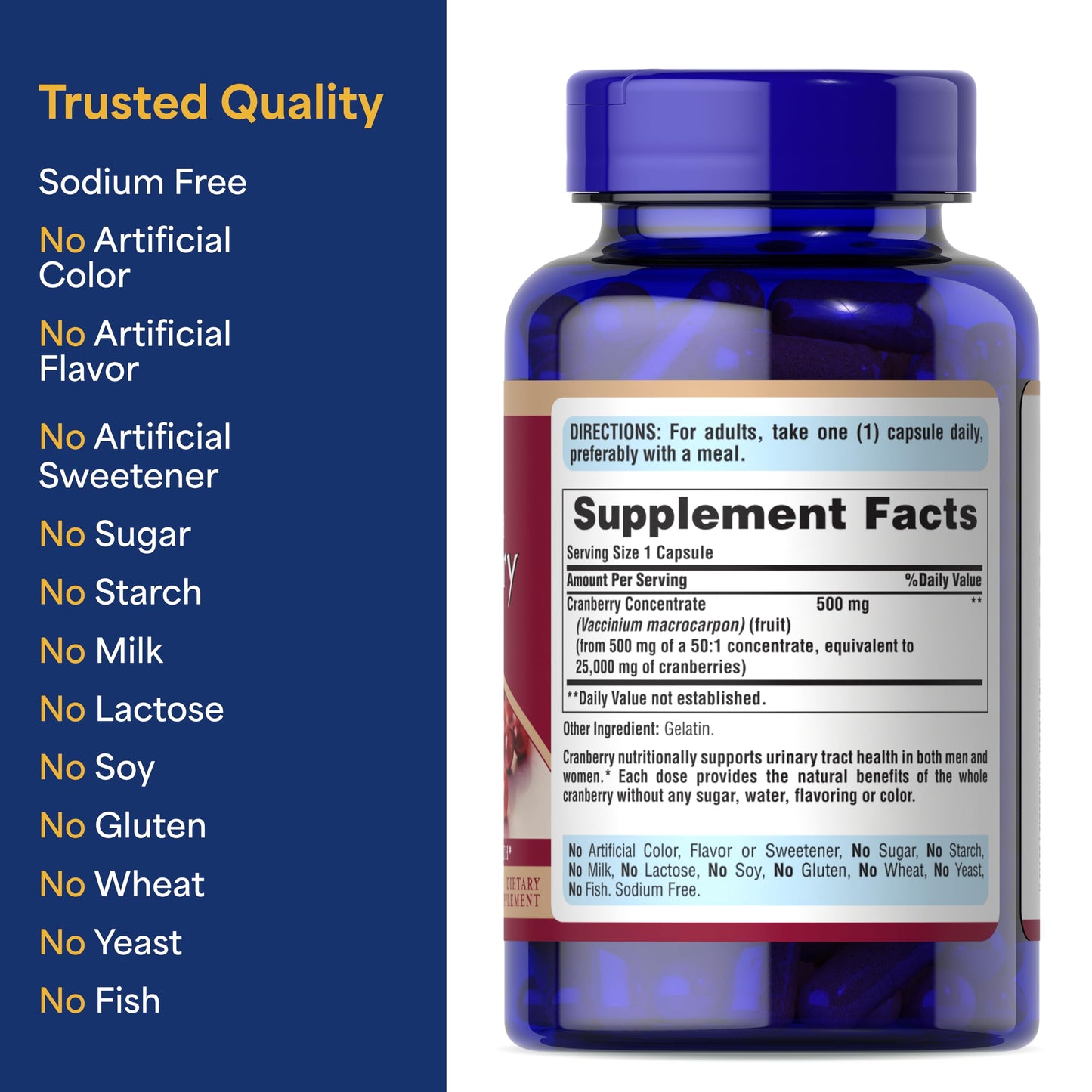 Puritan's Pride Naturally Sourced Cranberry One Per Day Fruit Concentrate 500mg, 50:1 Dietary Supplement for Urinary Tract Support Caplets 240 Count