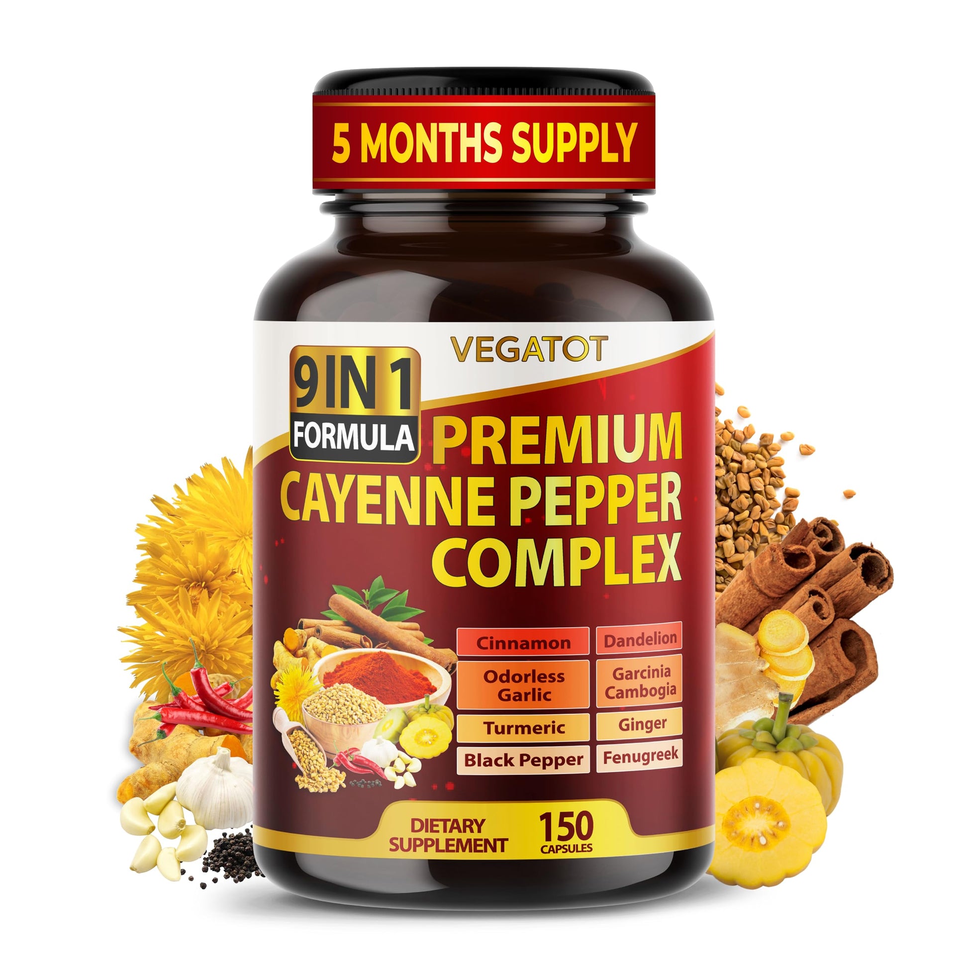 VEGATOT Organic Cayenne Pepper 9IN1 Complex with Cinnamon, Ginger, Turmeric Capsule, 150 Count