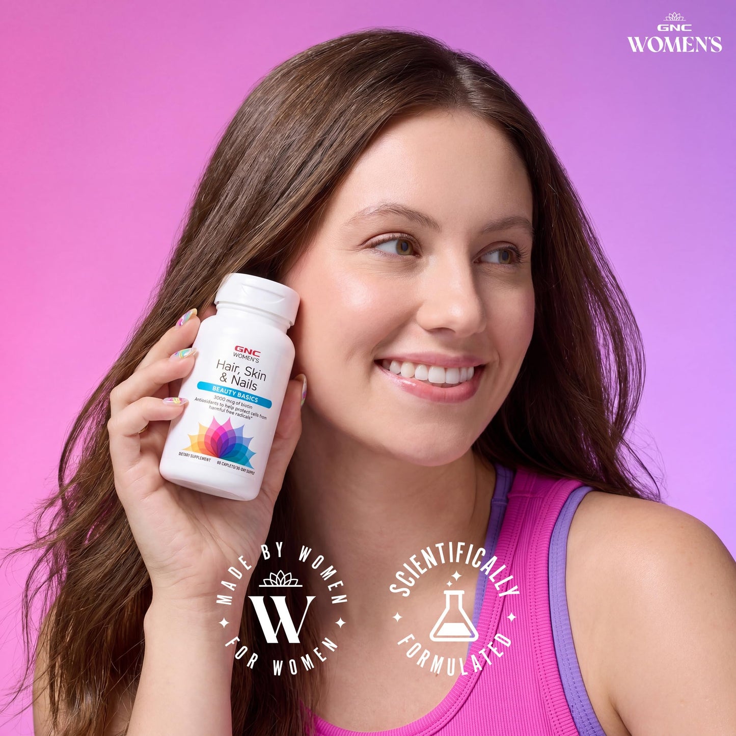 GNC Women's Hair, Skin & Nails Daily Multivitamin Blend Biotin 3,000 mcg, Hyaluronic Acid, Vitamins C & E with Niacin Added Antioxidants 60 Caplets