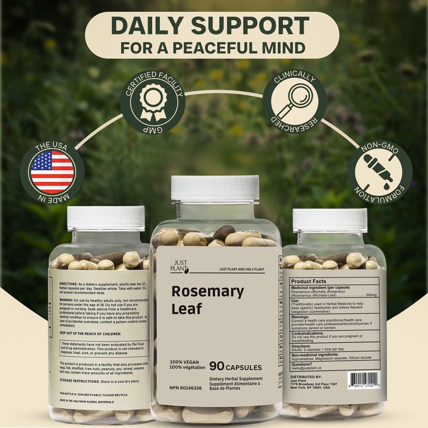 Just Plant Organic Rosemary Leaf Capsules 500mg, 90 Count