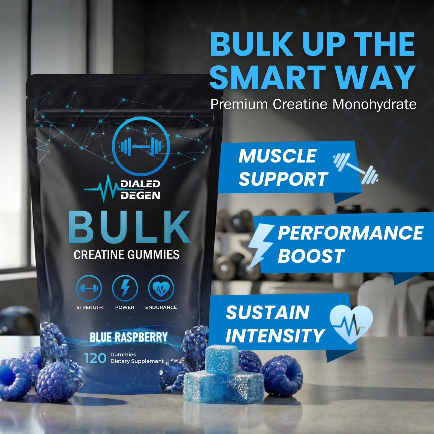 Dialed Degen Blue Raspberry Creatine Monohydrate Gummies 120 Count