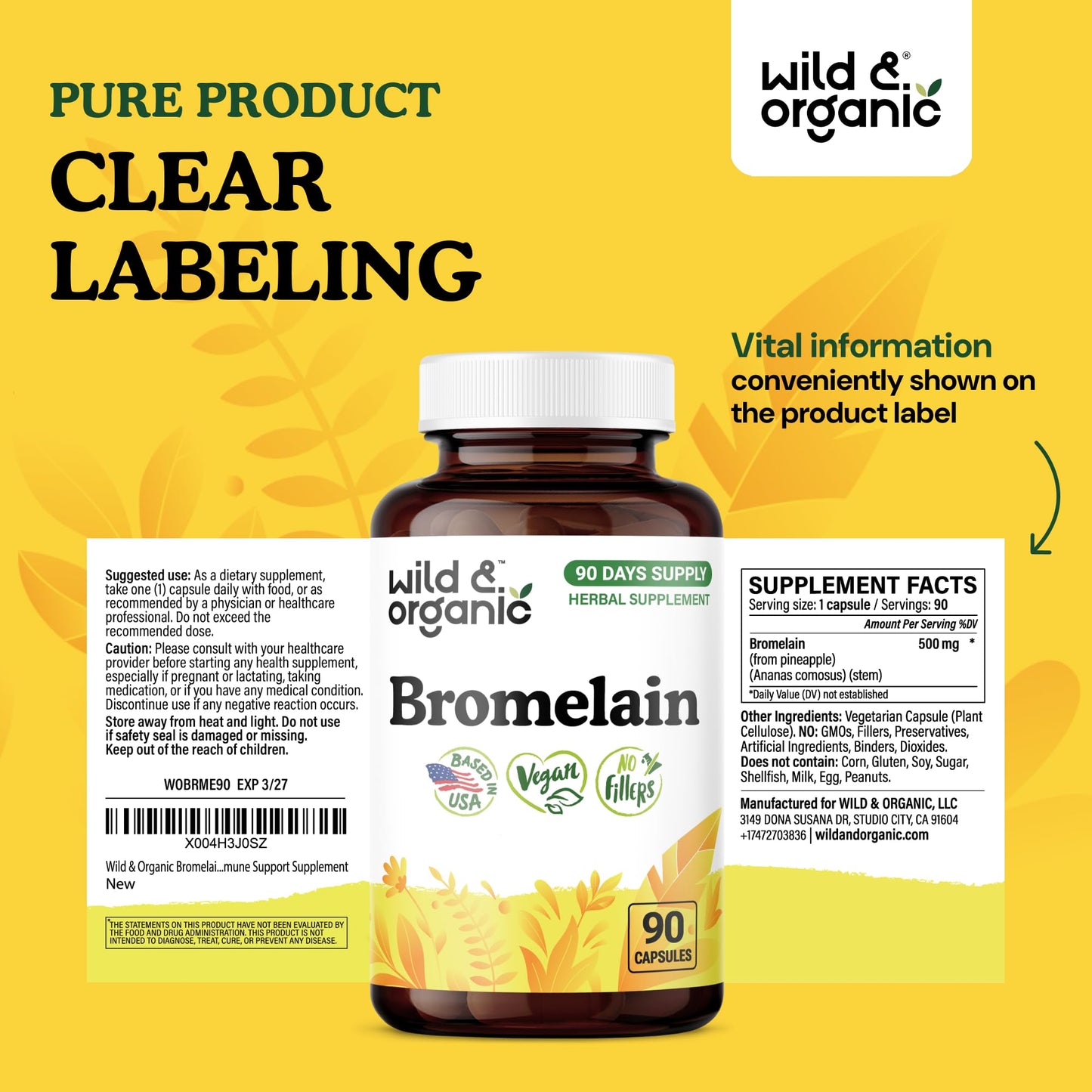 Wild & Organic Bromelain 500 mg Capsules, 90 Count