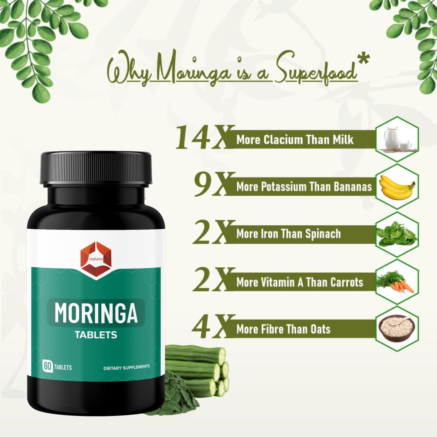 Onpharno Moringa Tablets 1000mg Organic Moringa Oleifera Leaf Powder Natural Herbal Supplement Vegan Non-GMO 60 Tablets