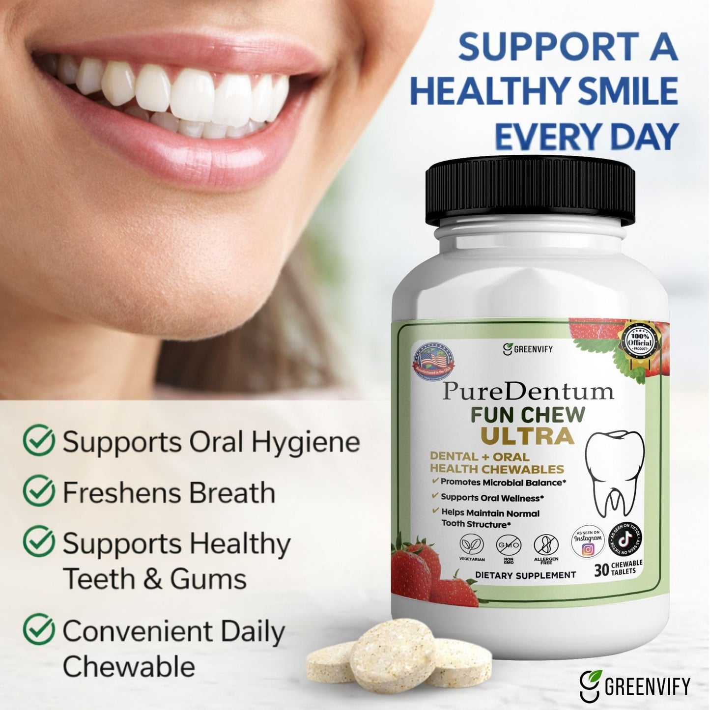 GREENVIFY PureDentum Fun Ultra Dental + Oral Health 3-Strain Probiotic Capsules, 60 Count