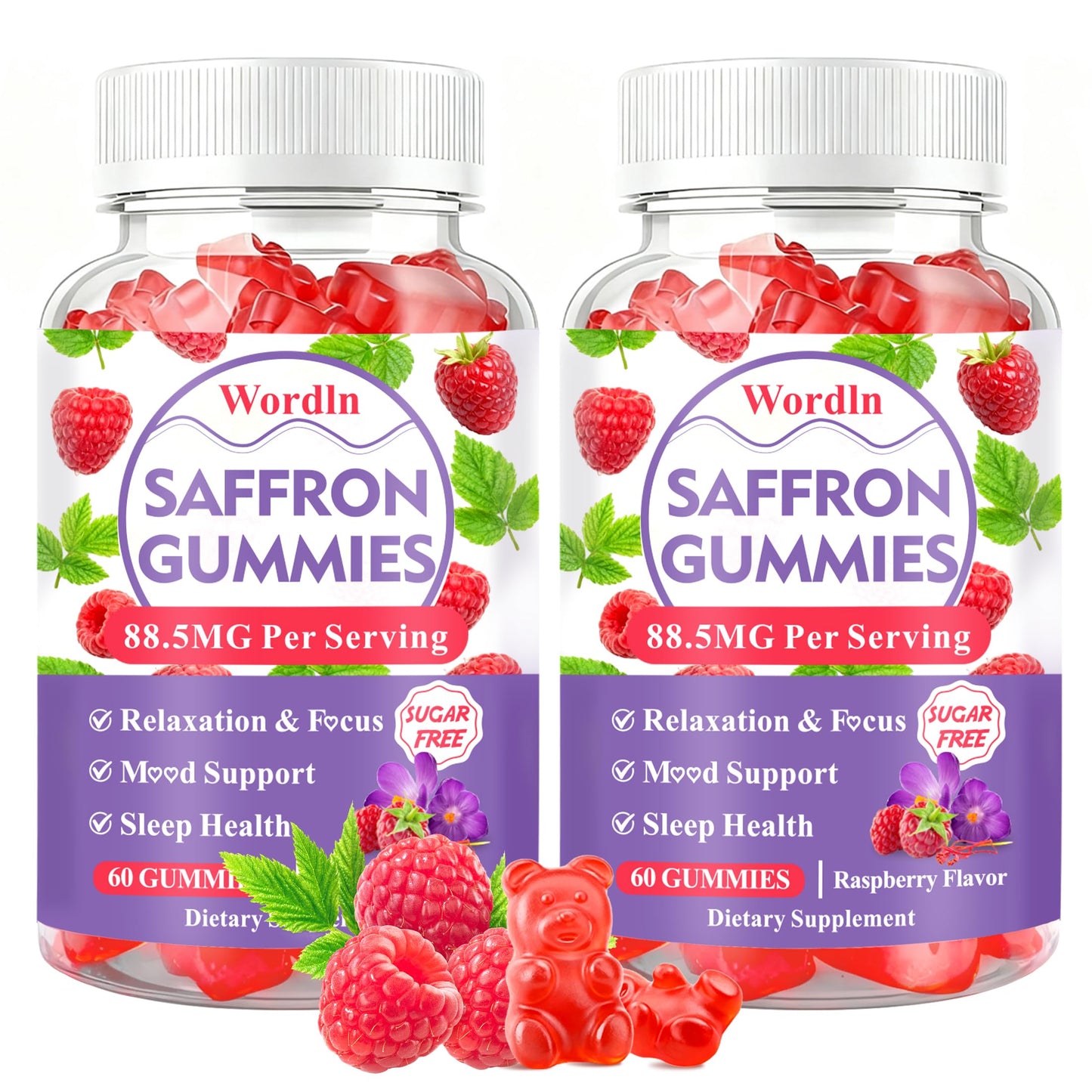 Wordln Saffron Gummies with 88.5mg Saffron Extract, Ashwagandha & L-Theanine for Relaxation, Focus & Mood Support, 120 Gummies