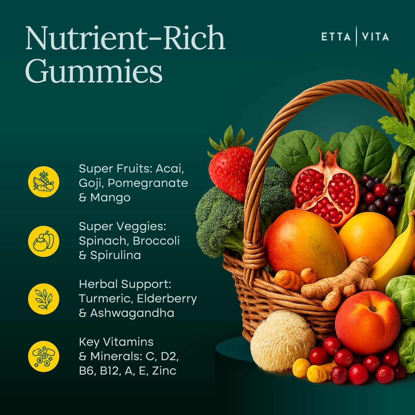 Etta Vita Fruits and Veggies Gummies with 9 Superfruits & 30 Veggies, 120 Soft Chews