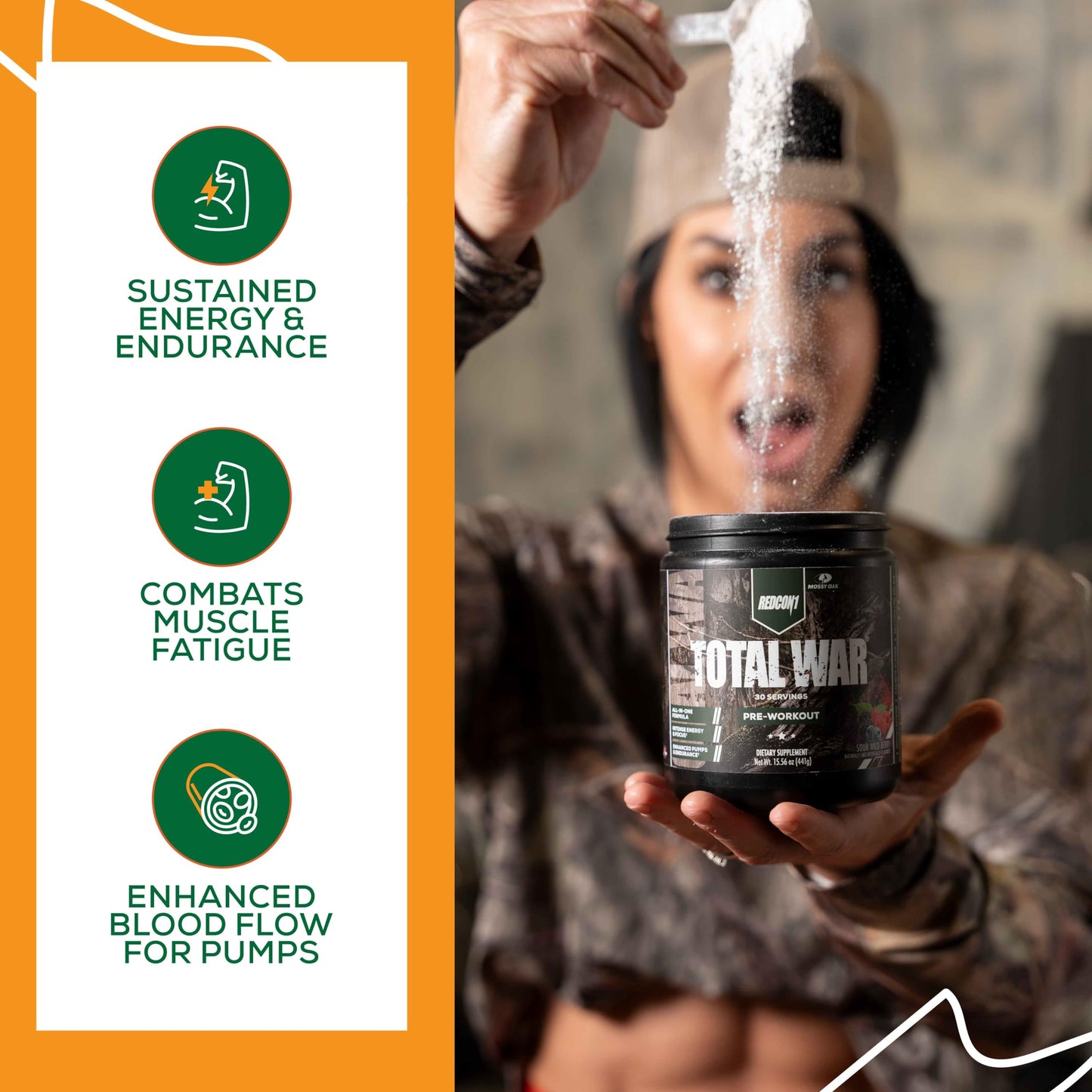 REDCON1 x Mossy Oak Total War Pre Workout Powder Sour Wild Berry, 15.7 Ounce