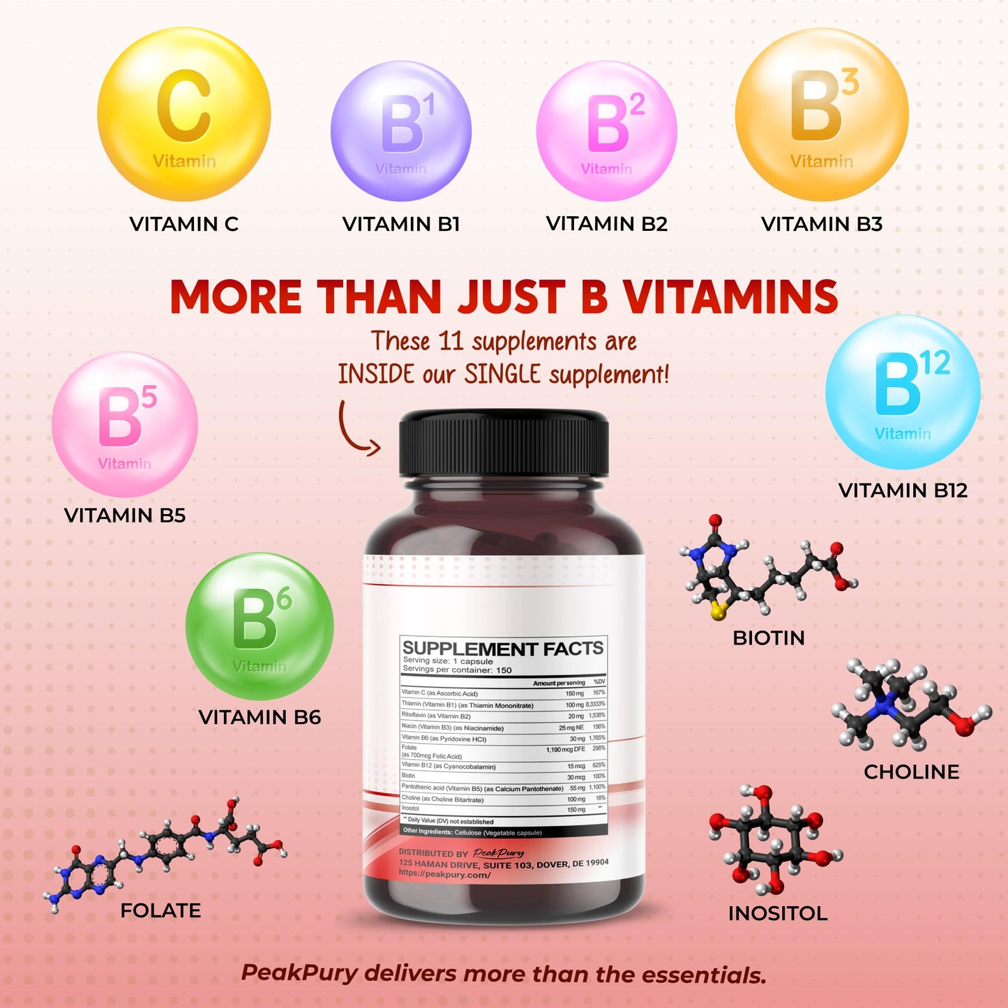 PEAKPURY Ultra Vitamin B Complex with Vitamin C Capsule, 150 Count