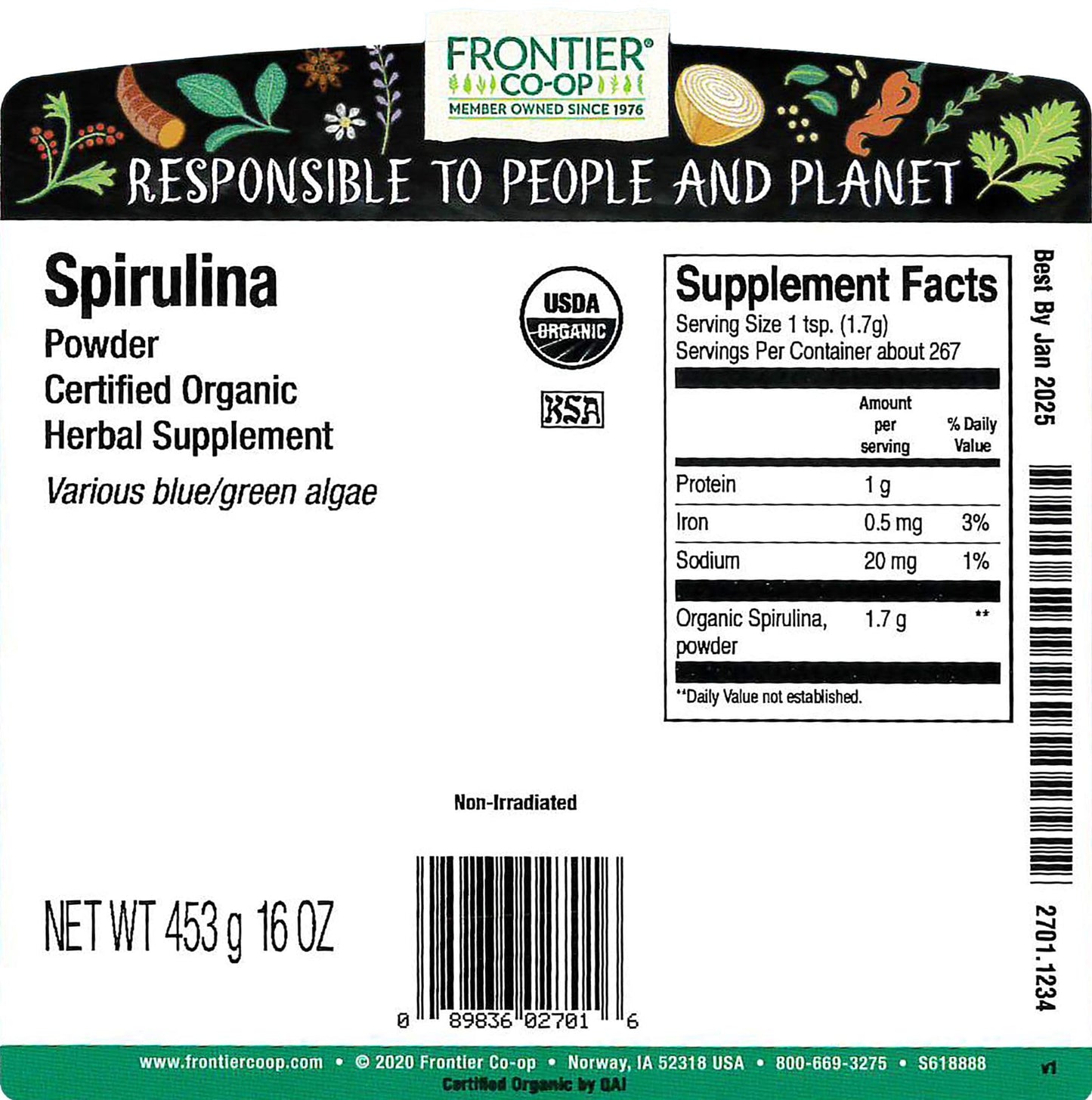 Frontier Co-op Spirulina Powder Organic 16 oz