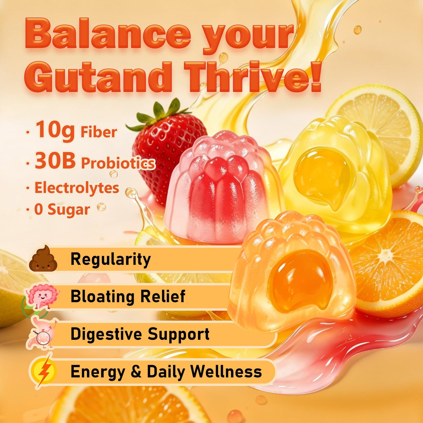 CleverasHealth 10G Fiber Gummies for Adults with 30 Billion CFU Probiotics, Vitamins C, D, B12, Electrolytes - Supports Digestive Health & Relieves Constipation and Bloating, Sugar Free, 120 Gummies