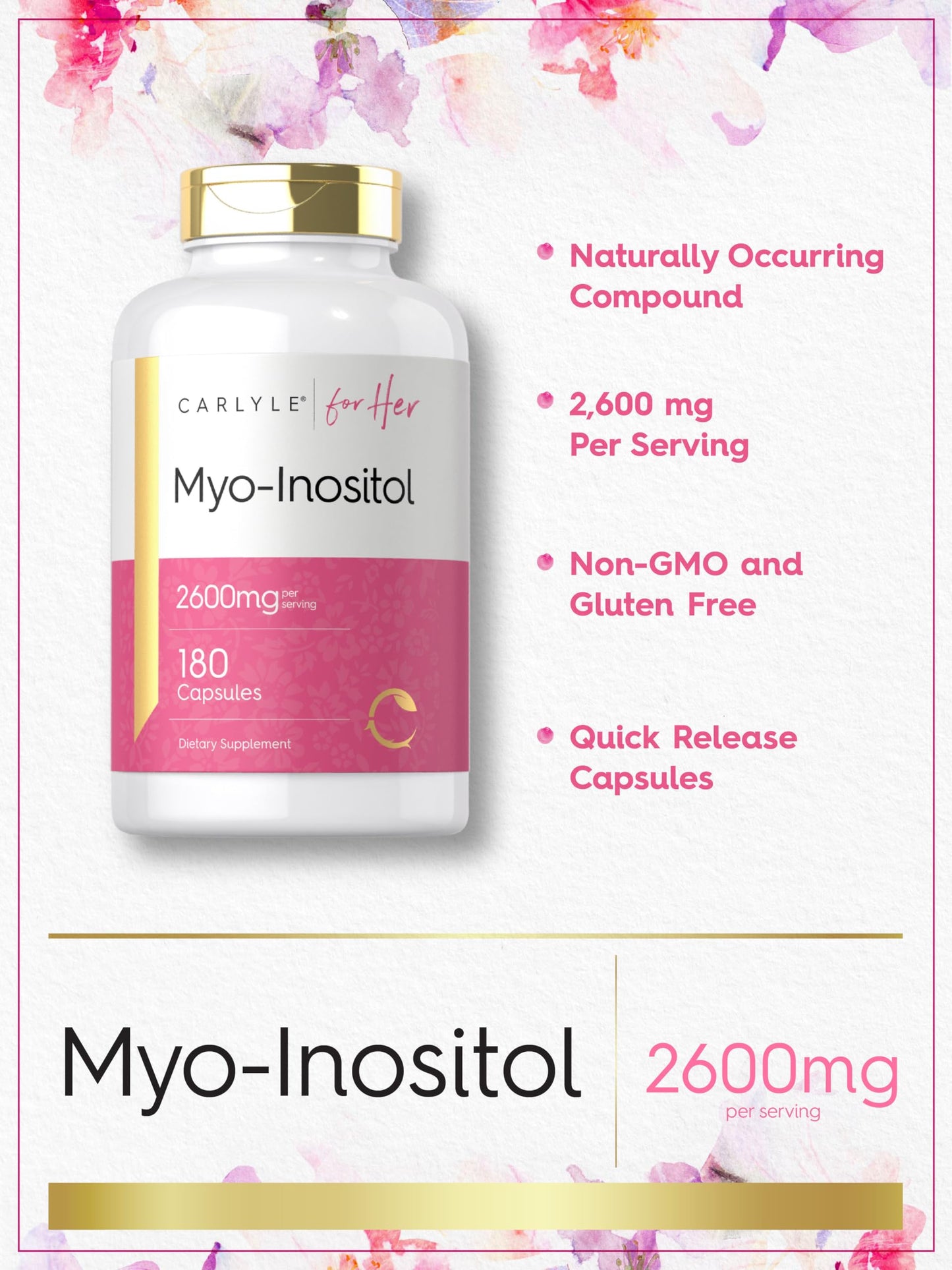 Carlyle Myo-Inositol Women's Supplement 2600mg Capsules, 180 Count