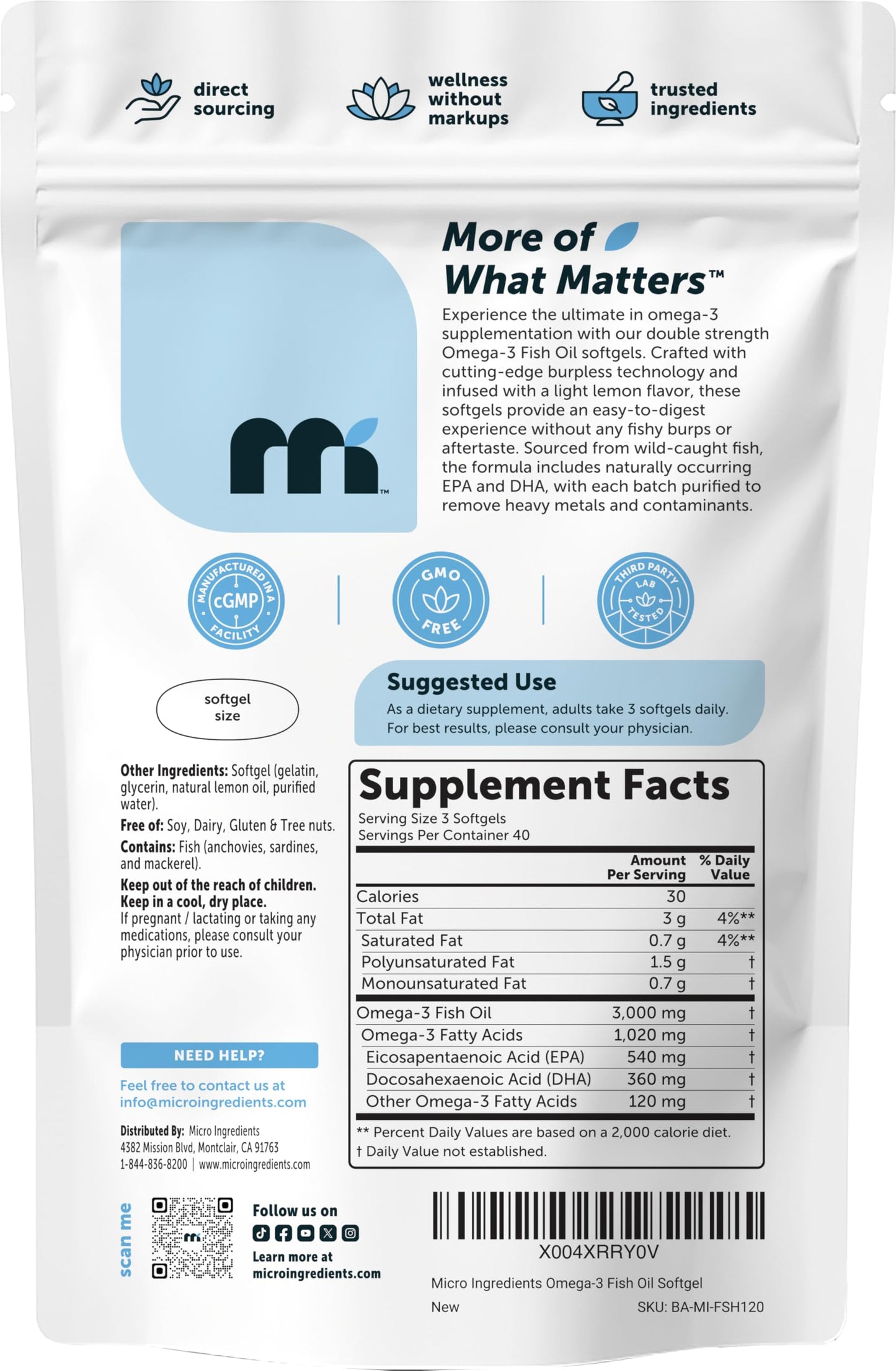 Micro Ingredients Omega-3 Fish Oil Supplements Softgels 120 Count