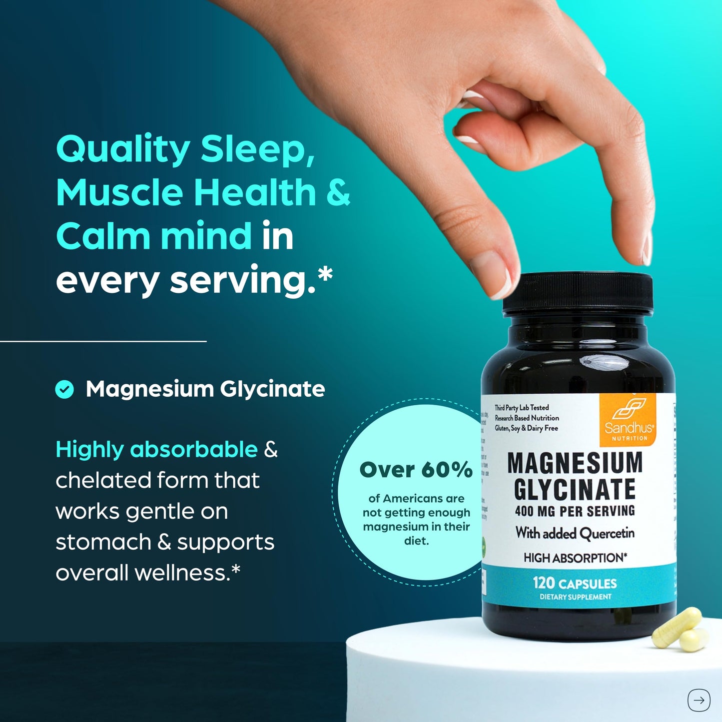 Sandhu's Magnesium Glycinate 400mg High Absorption Capsules, 120 Count