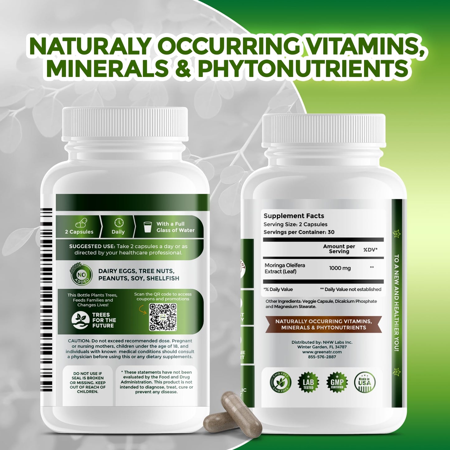 GreeNatr Pure Moringa Oleifera Green Superfood Capsules, 60 Count