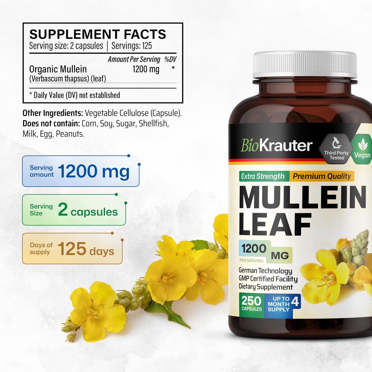 BIO KRAUTER Mullein Capsules 1200 mg, 250 Count