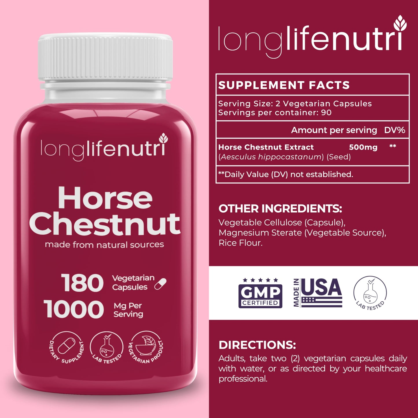 LongLifeNutri Horse Chestnut Extract 500mg Capsules, 180 Count