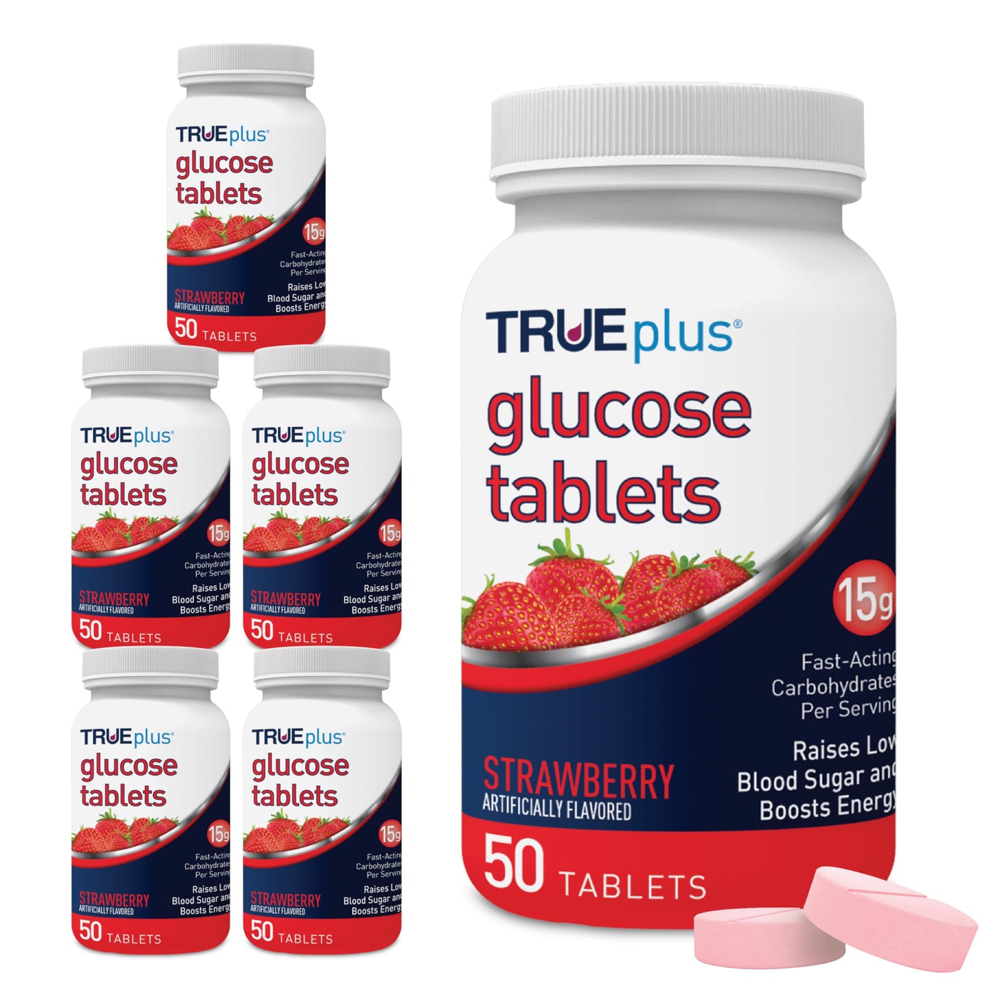 TRUEplus Glucose Tablets, Chewable, Strawberry Flavor, 15g Fast-Acting Carbohydrates, Fat Free, Gluten Free, Boost Energy, 300 Tablets