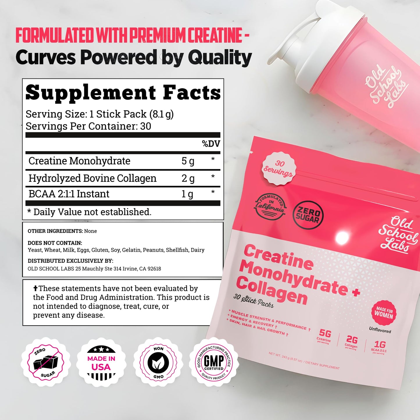Old School Labs Creatine for Women with Collagen and BCAA Unflavored Powder 8.57