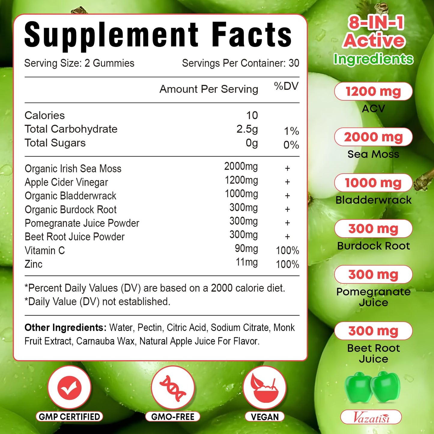 Vazatisi Apple Cider Vinegar Gummies with Sea Moss 60 Count