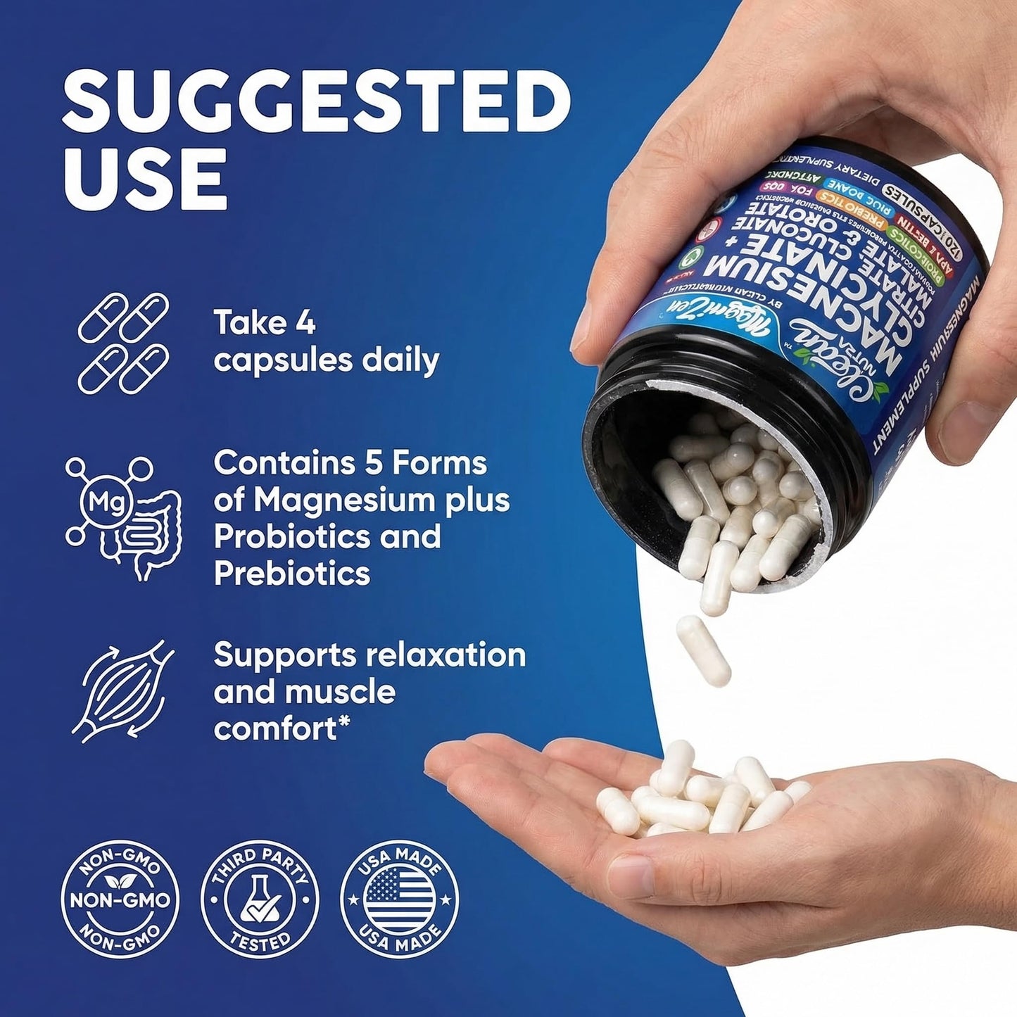 Clean Nutraceuticals Magnesium Glycinate Citrate Malate Orotate Taurate Supplement Complex, 120 Capsules