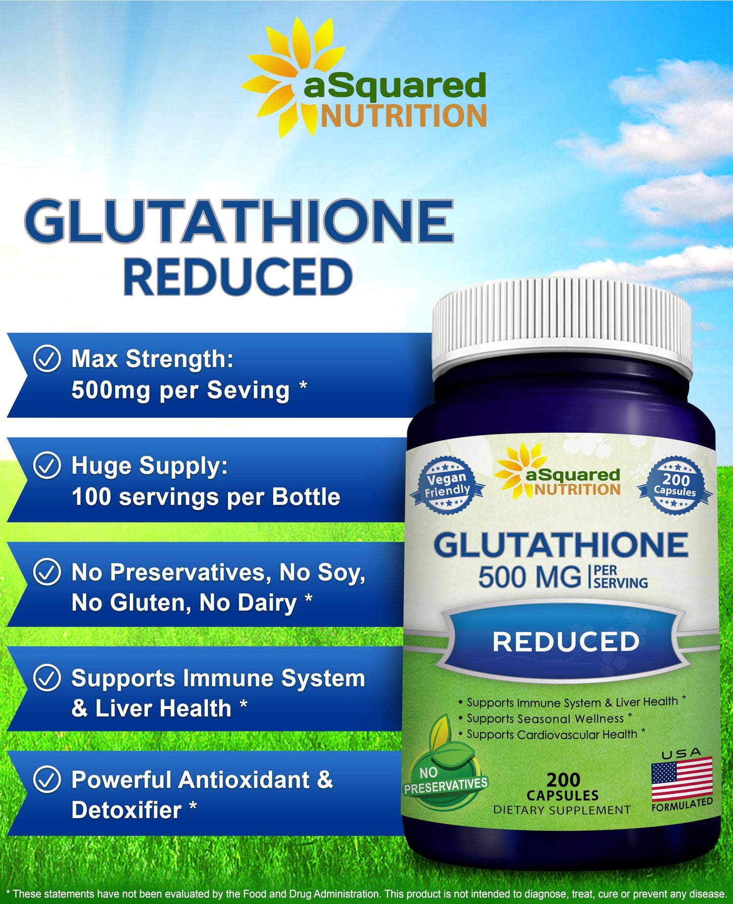 aSquared Nutrition Reduced Glutathione 500mg Per Serving Capsule, 200 Count