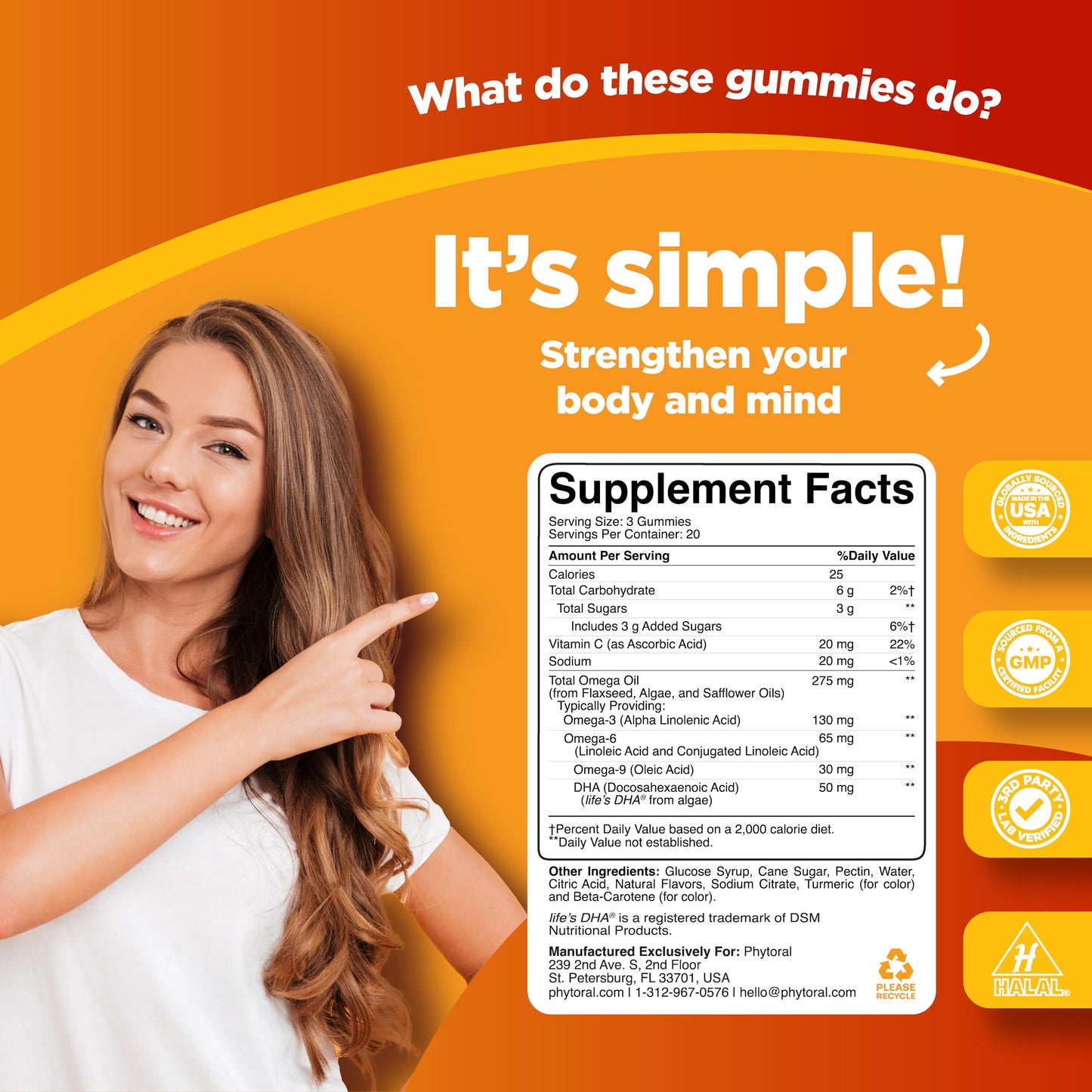 Phytoral DHA Omega 3 Gummies for Adults, 60 Count