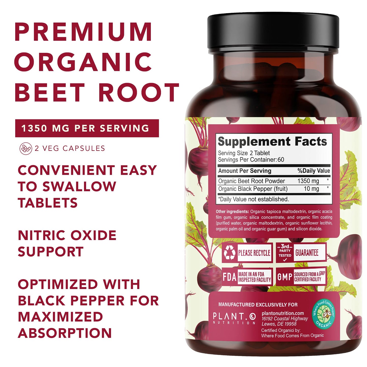 PLANT.O NUTRITION Organic Beet Root 1350mg Tablets, 120 Count