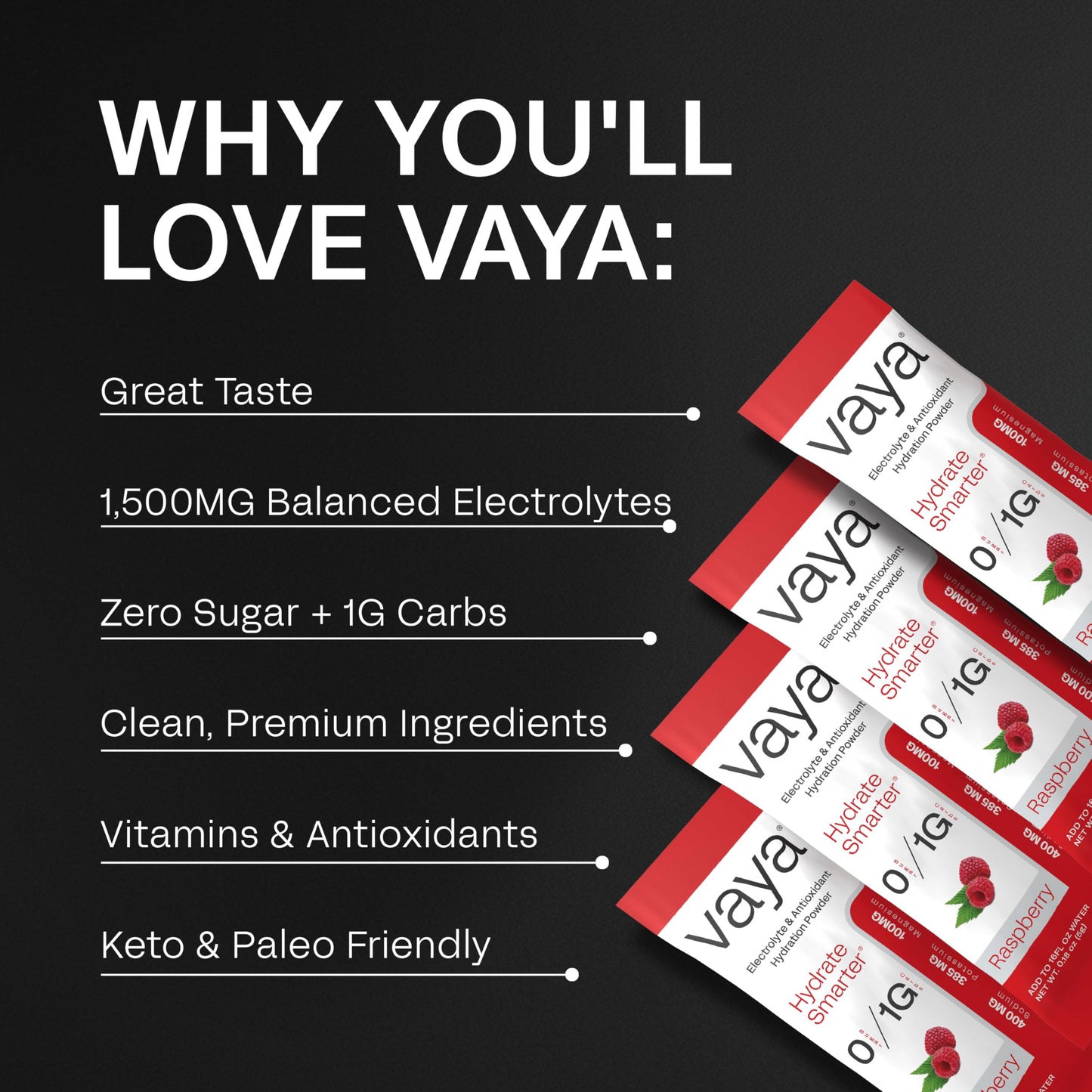 Vaya Sugar Free Electrolyte Powder Packets, Raspberry, 30 Pack